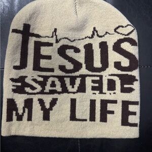 Beige and Brown 'Jesus Saved My Life' Beanie/Skull Cap
